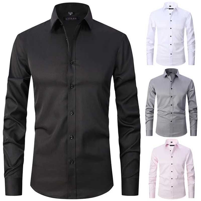 Mens Long Sleeve Slim Fit Elastic Shirt and Non Ironing Black Shirt Mens Solid Color Versatile Business Inch Mens Clothing W250627