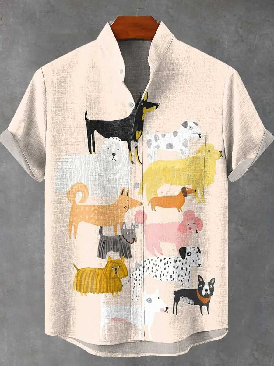 Mens New Cartoon Puppy Elegant Artistic Pattern Linen Fabric Short Sleeve Shirt Summer Casual Top Suitable For Vacation W250627