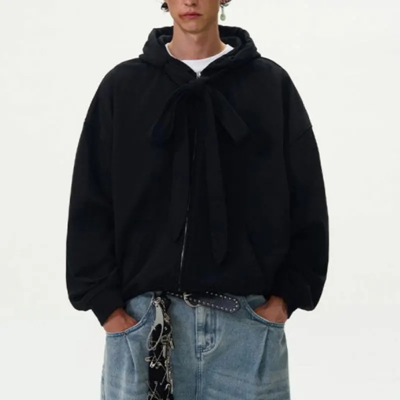 American Vintage Mens Hoodies Y2K Style Lace-up Loose Zipper Cardigan Sweatshirt Streetwear Fashion Couples Hooded Tops 250626