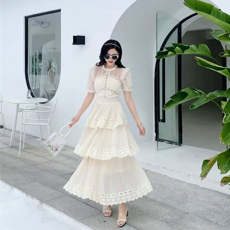 Women Cascading Ruffle Summer Self Portrait Dress Short Sleeve Lace Patchwork Maxi Long Vestidos 210520