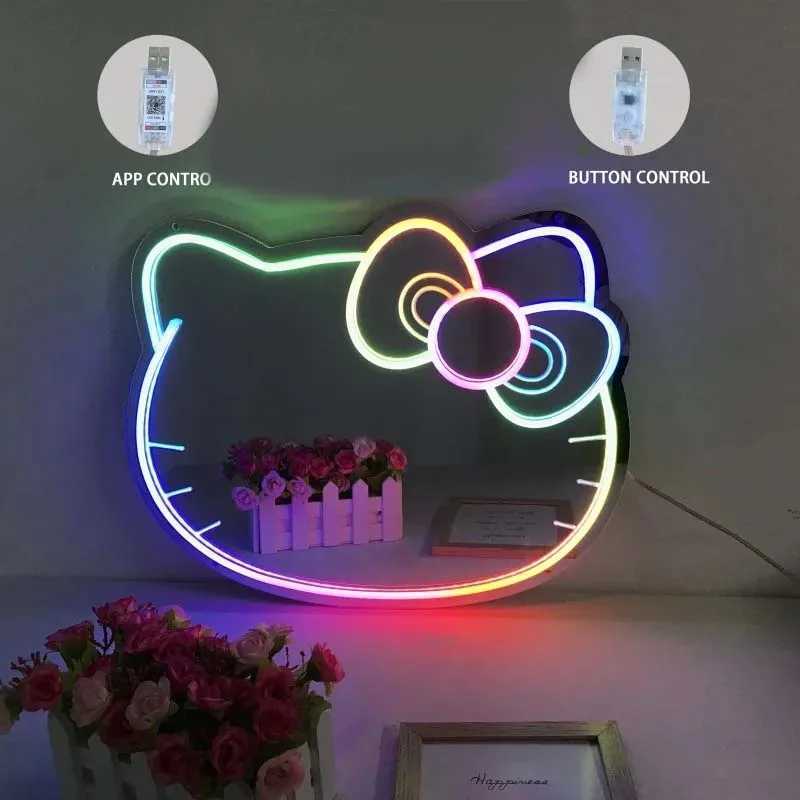 Kitty Cat LED Neon Mirror Anime Pink Cat Neon Sign Wall Mounted Makeup Mirror APP Control Dimmable Beauty Shop Studio Decor XJ250626