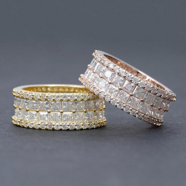 Sparkly Lab Moissanite Diamond Bride Jewelry Double Row Stone Princess Cut Moissanite Eternity Band Ring for Women and Man