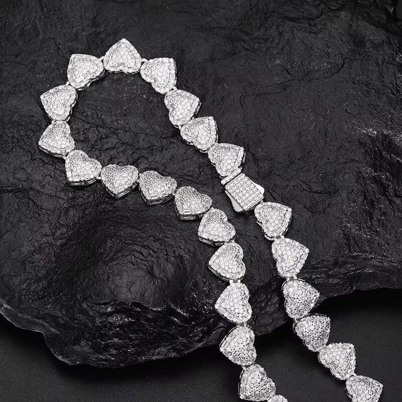 Valentine Day Gift High Quality Fashion 925 Silver 10mm Heart Shape Vvs Moissanite Diamond Blue CZ Heart Tennis Chain