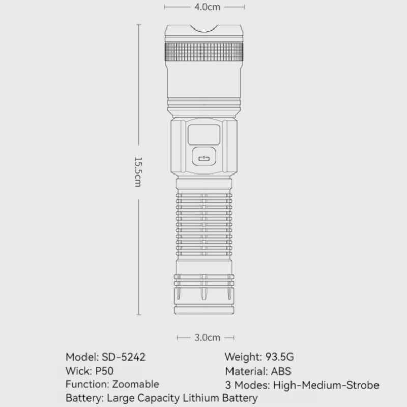 Smiling Shark SD5242 Rechargeable Flashlight P50 LED Handheld Torch Zoomable 1200mAh Tactical Lantern for Outdoor Camping W250701