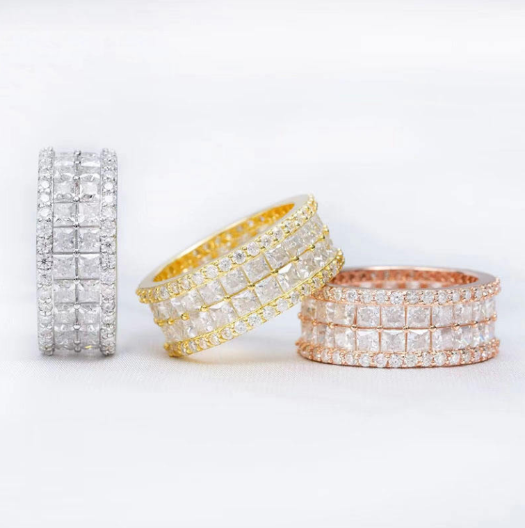 Sparkly Lab Moissanite Diamond Bride Jewelry Double Row Stone Princess Cut Moissanite Eternity Band Ring for Women and Man