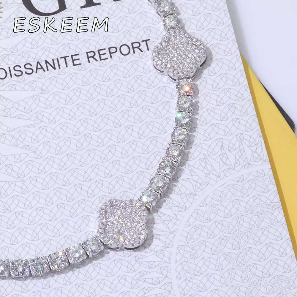 High Quality VVS Moissanite Four Leaf Clover Tennis Bracelet 925 Sterling Silver Gold Plated Iced Out Womens Jewelry