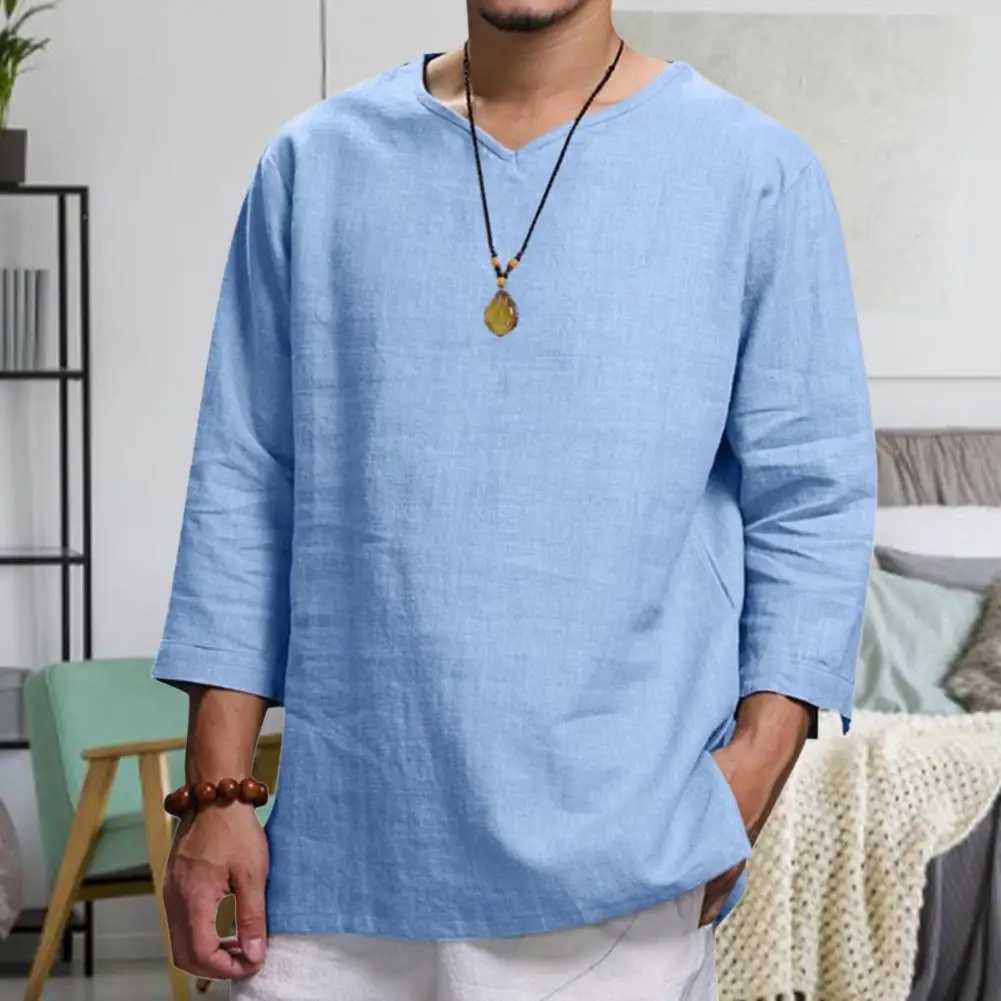 Cotton And Linen Men New 3/4 Sleeve Loose Solid Casual Large Pullover Shirt Leisure Summer Spring Long Sleeves Men Casual Shirt W250627