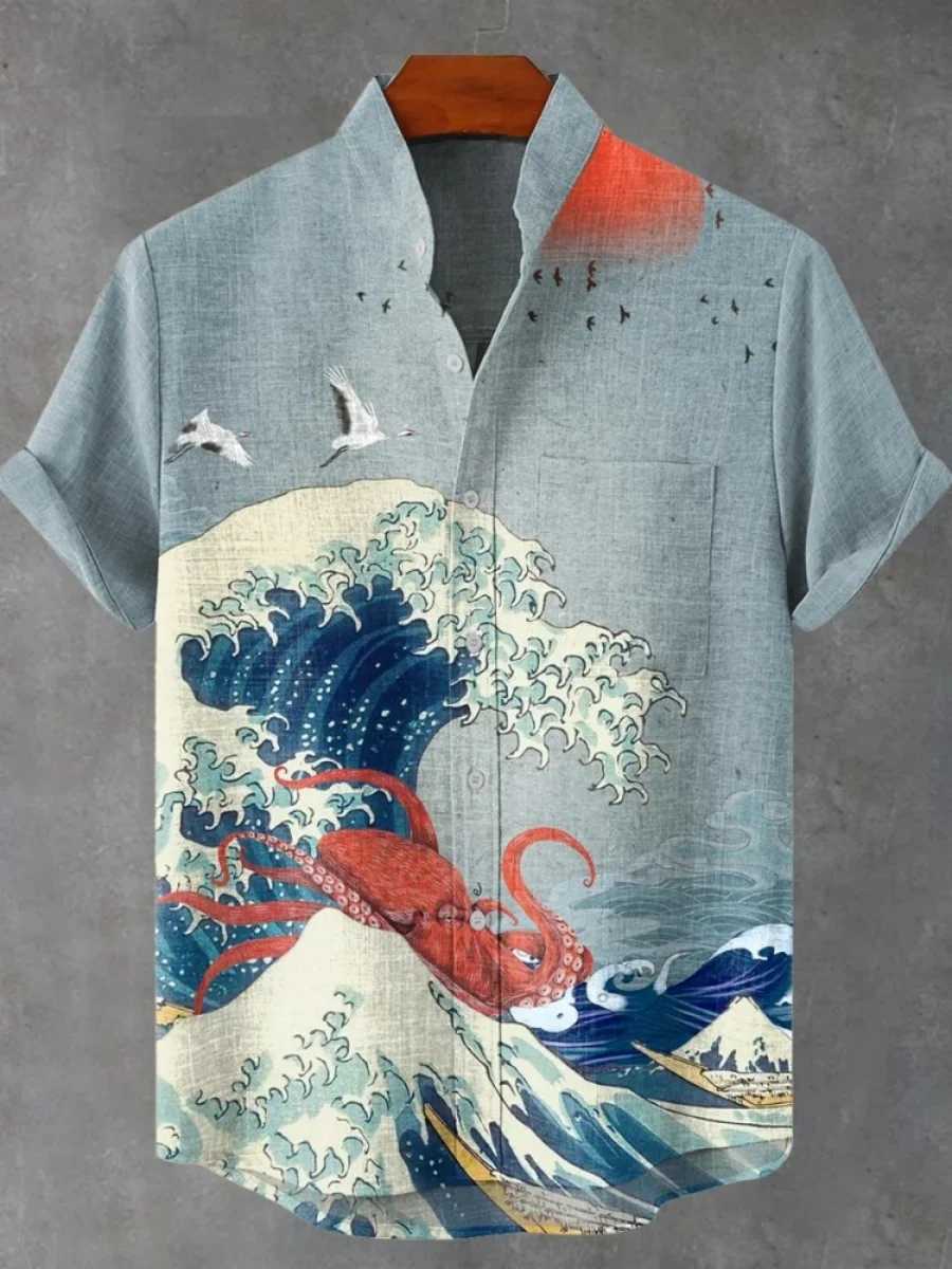 2025 Mens Summer Short-sleeved Shirt New Printed Linen Shirts European And American Popular Elements Printed Shirt W250627