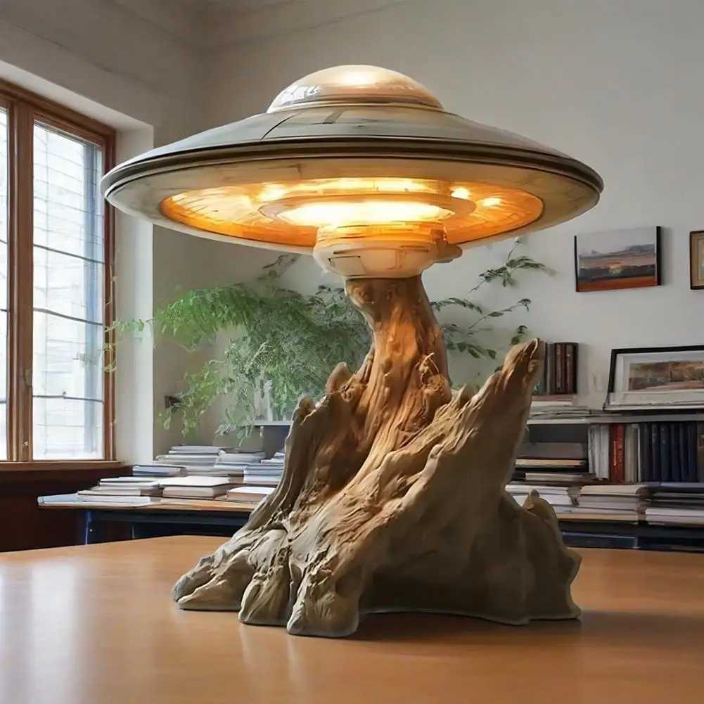 Ufo Design Light Rechargeable Ufo Lamp with Tree Trunk Base Soft Glow Ambient Illumination for Bedside Desk Decoration Unique S25627