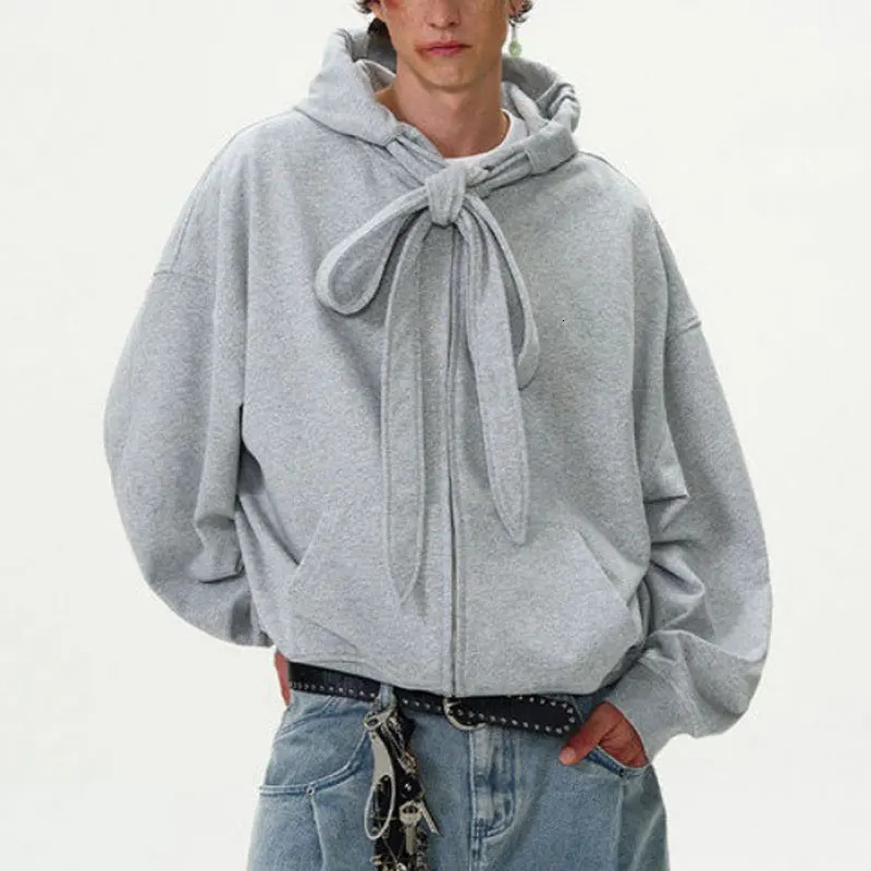 American Vintage Mens Hoodies Y2K Style Lace-up Loose Zipper Cardigan Sweatshirt Streetwear Fashion Couples Hooded Tops 250626