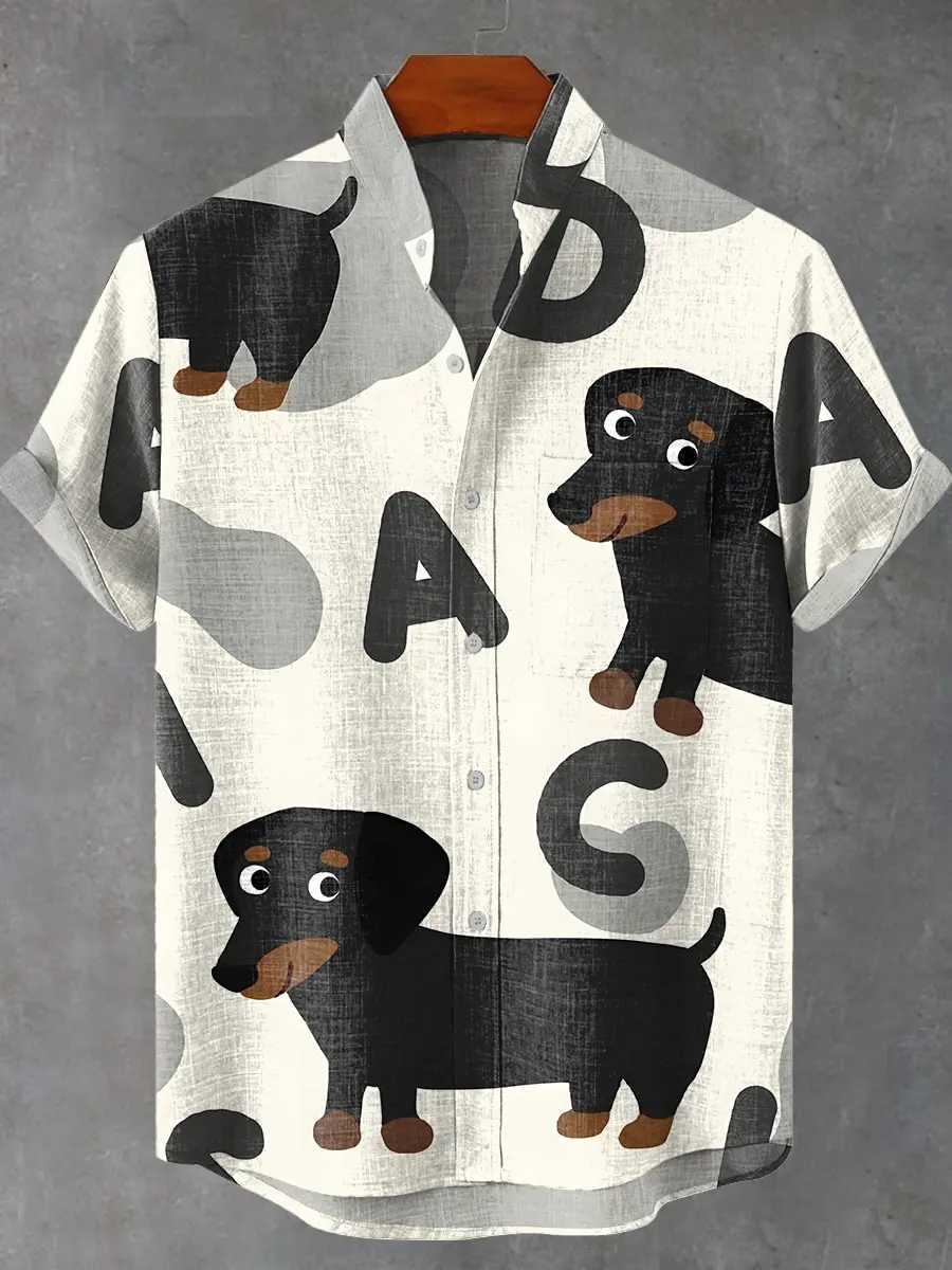 2025 Mens New Summer Cartoon Cute Dog Printed Pattern Comfortable Retro Exquisite Art Linen Shirt Casual Mens Button Top W250627