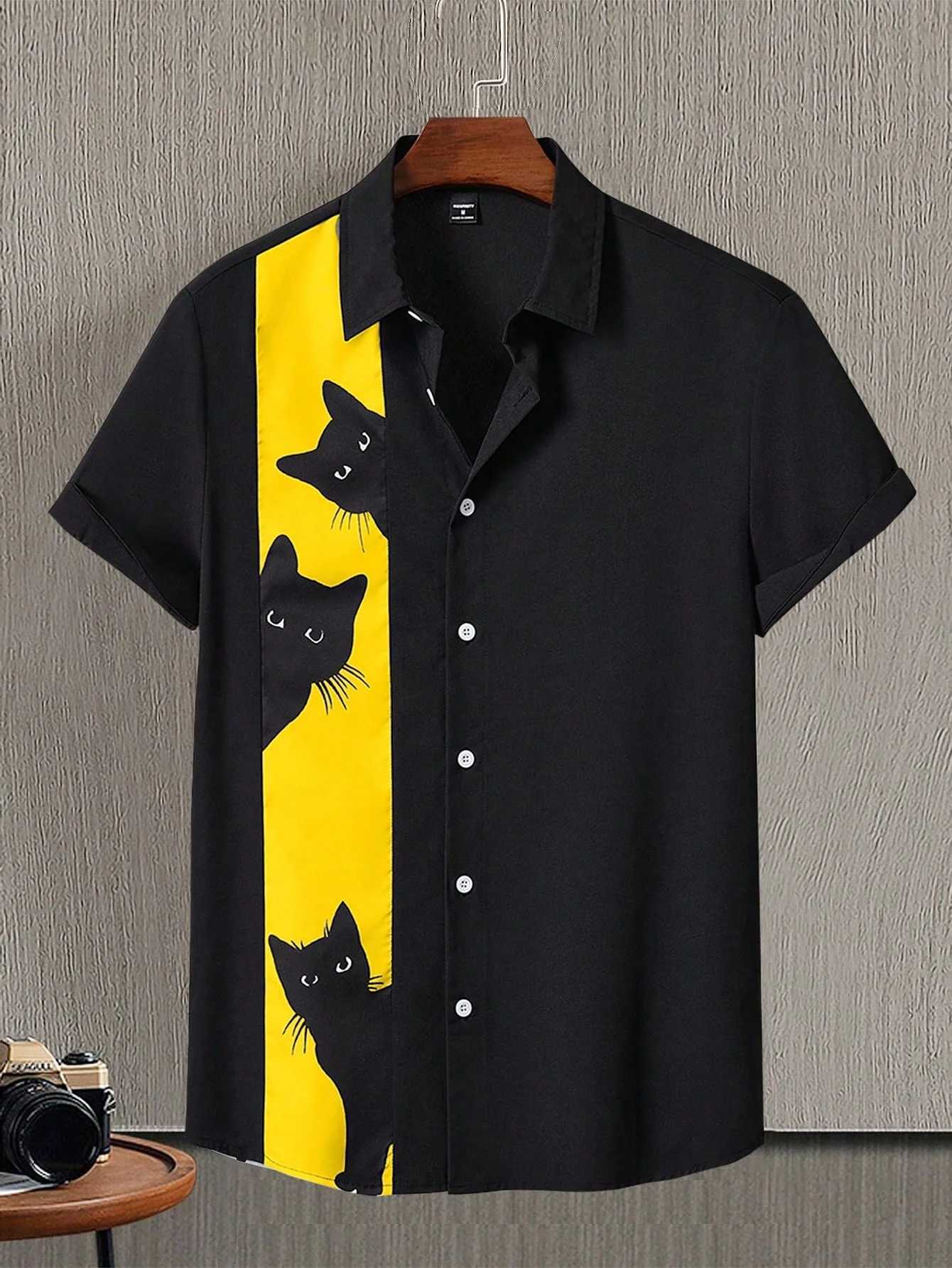 Whimsical Cat Print Mens Shirt Playful Short Sleeve Button-Up with Adorable Kitten Patterns for Casual Fun Outings W250627