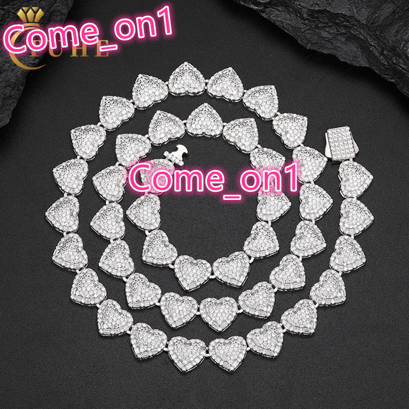 Valentine Day Gift High Quality Fashion 925 Silver 10mm Heart Shape Vvs Moissanite Diamond Blue CZ Heart Tennis Chain