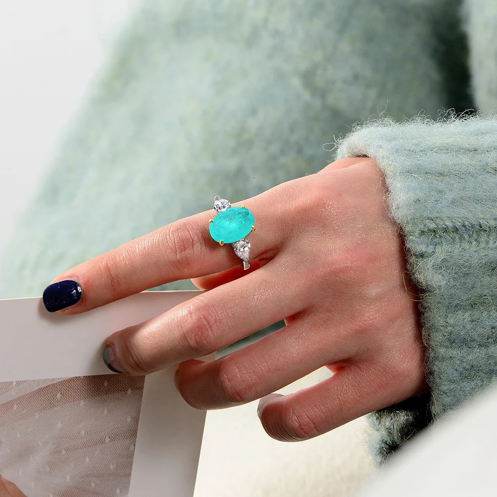 OEVAS 10x14mm Paraiba Tourmaline Gemstone Rings 925 Sterling Silver Sparkling High Carbon Diamond Ring For Women Wedding Jewelry 250627