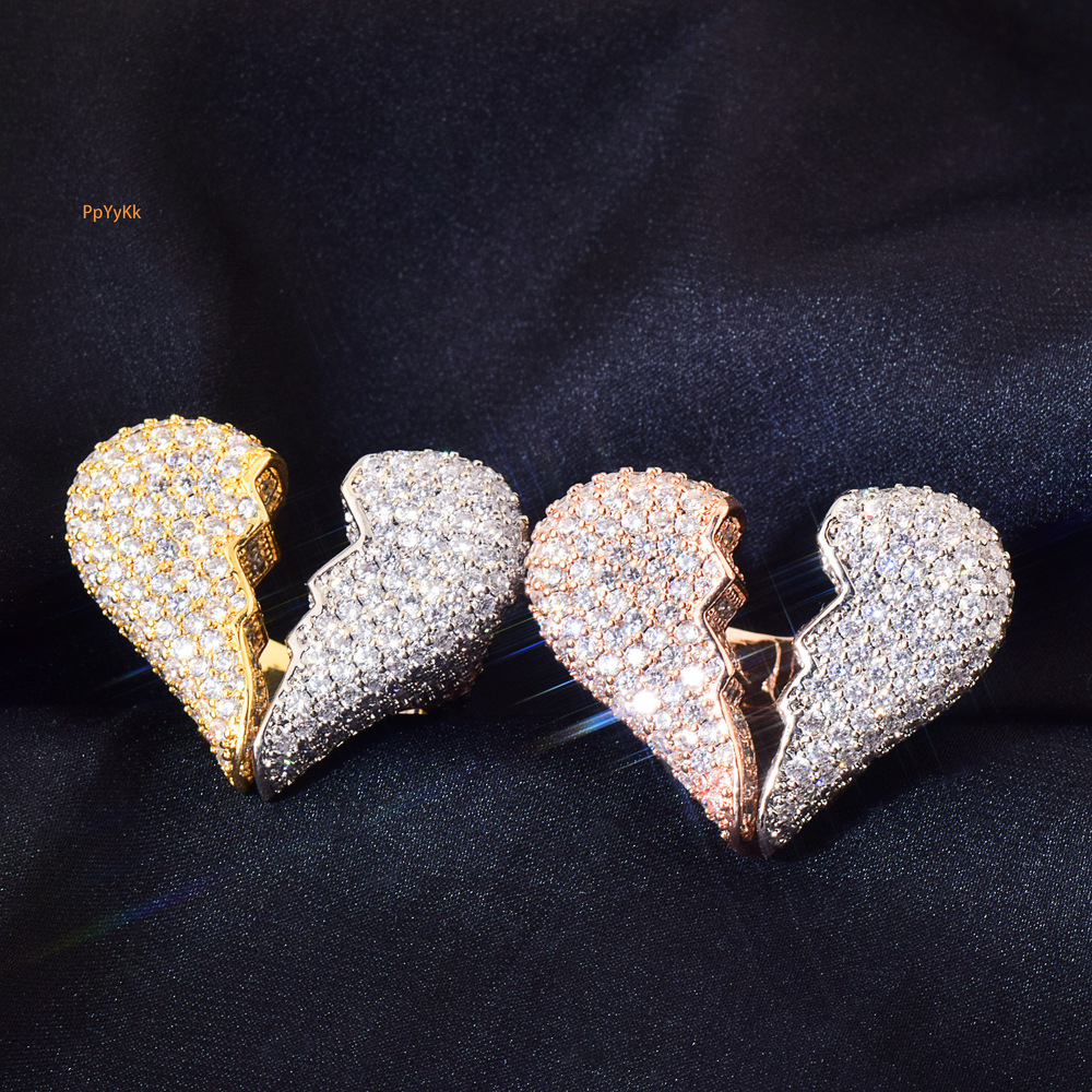 New Release High-Quality VVS Moissanite Iced Out Hip Hop Edgy Broken Heart Ring Couple Bling Trendy Jewelry Passes the Diamond Tester