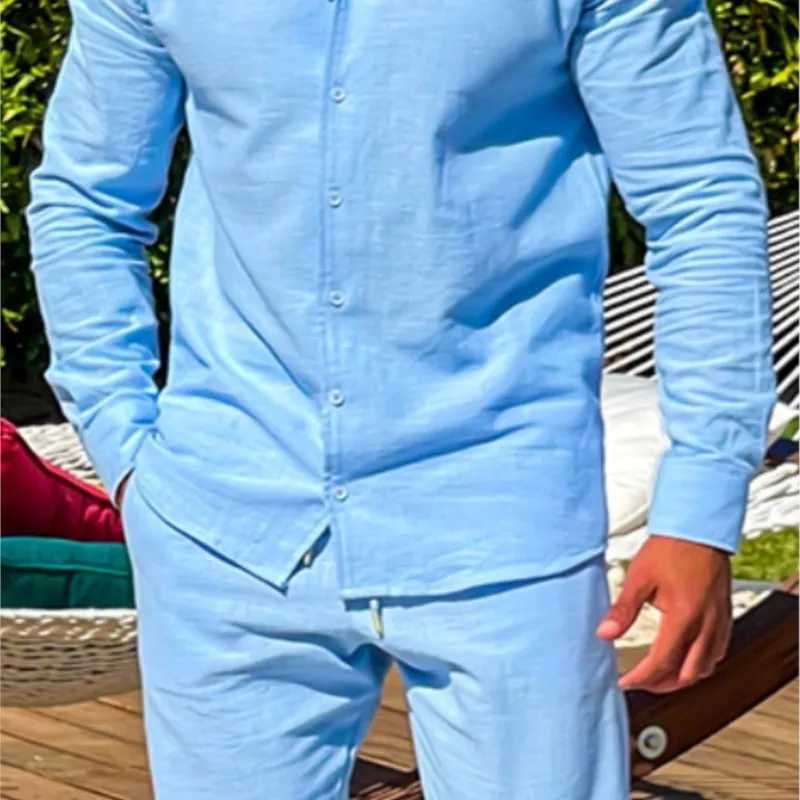 Mens Light Luxury Sports Cotton And Linen Stand Collar Long Sleeve Casual Shirt Fashionable Lace Up Pants Mens Casual Suit XJ250627