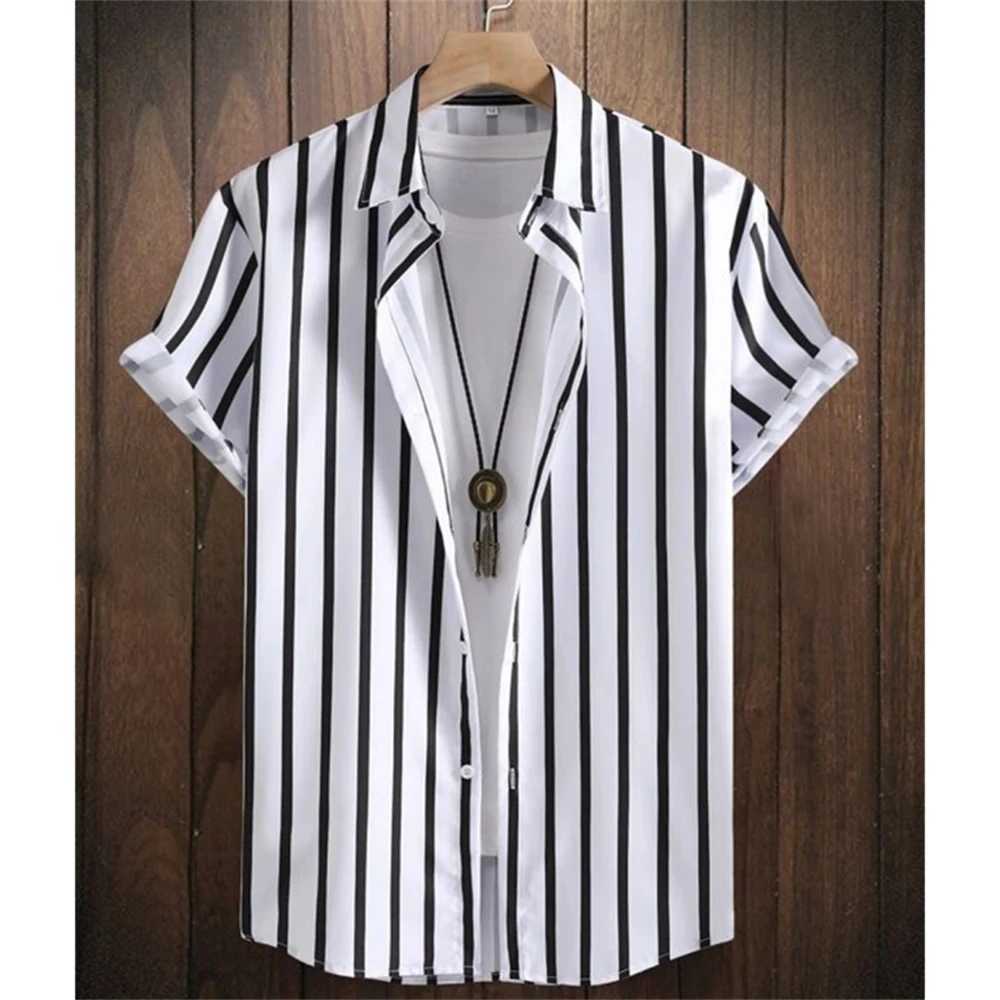 Summer Fashion Striped 3D Print Mens Shirts Basic Graphicsbutton Short Sleeve Lapel Streetwear Hawaiian Blouse Shirts for Men W250627