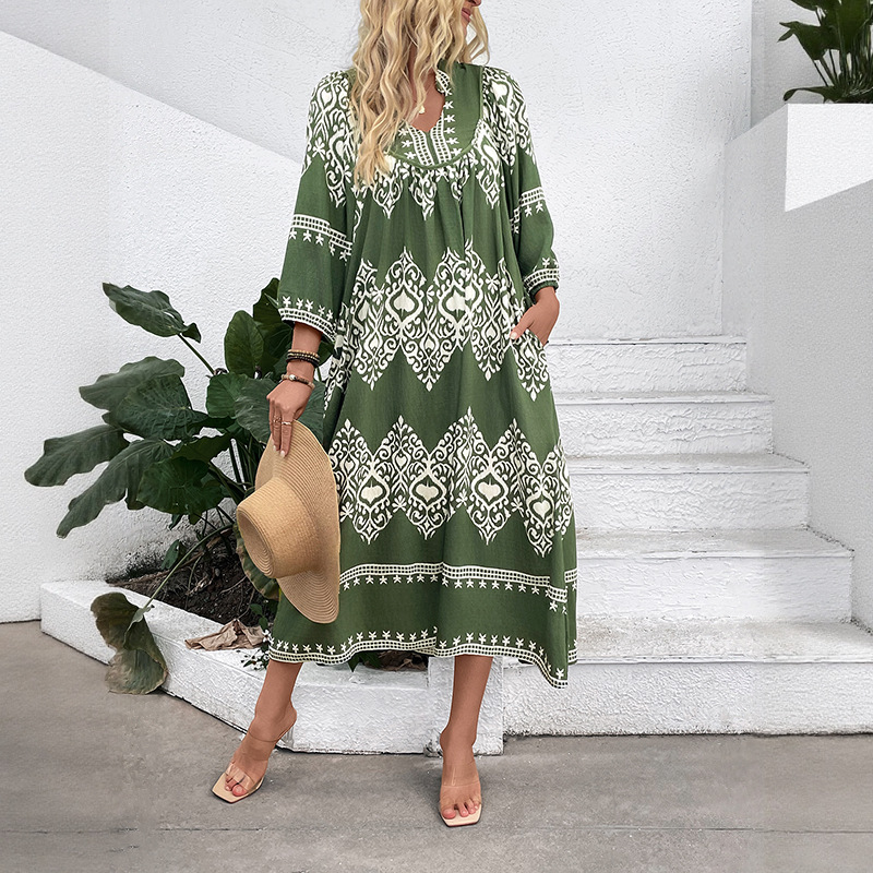 078 New European and American leisure vacation personality cross-border ethnic style geometric print loose dress