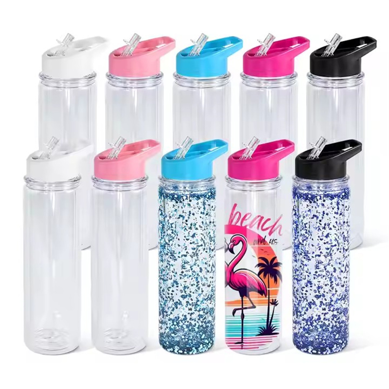 500ml 17oz Snow Globe Plastic Cups Double Wall Acrylic Tumbler Pre Drilled Water Bottle With Flip Lids & Hole Stopper For Glitter And UV DTF Wraps