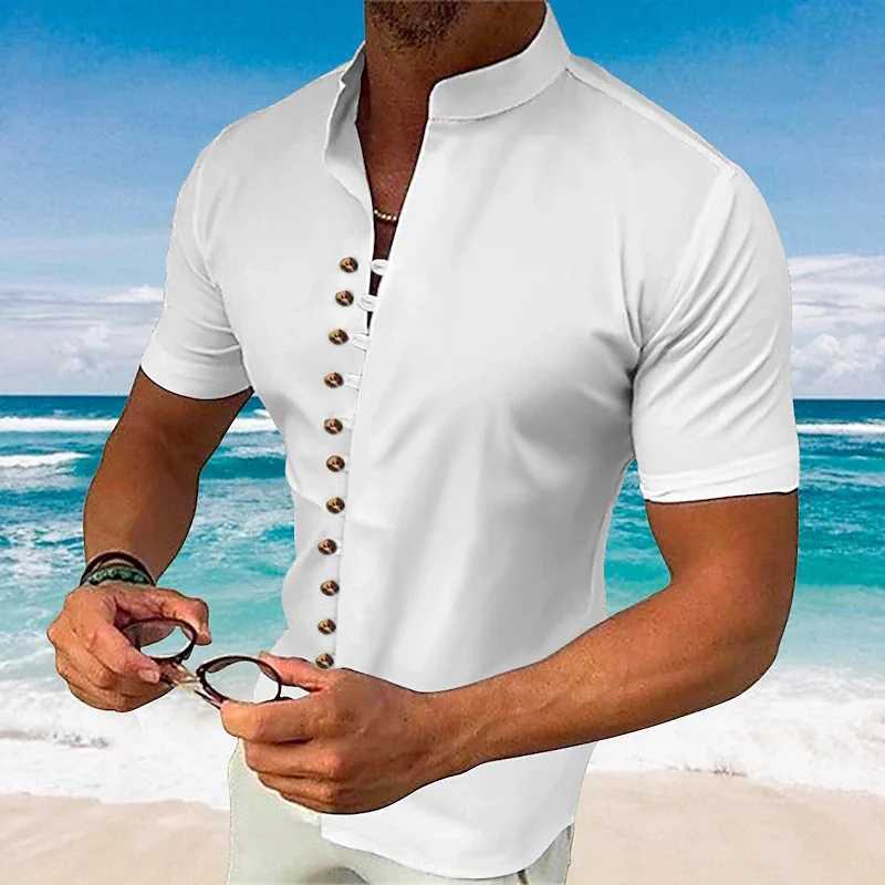 New Retro Mens Cotton-linen Casual Loose Short-sleeved Henley Shirt W250627