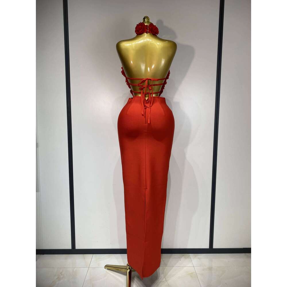 2025 New Women Sexy Halter Hollow Out Flowers Bodycon Bandage Dress Red Backless Elegant Party Birthday Wedding Dresses