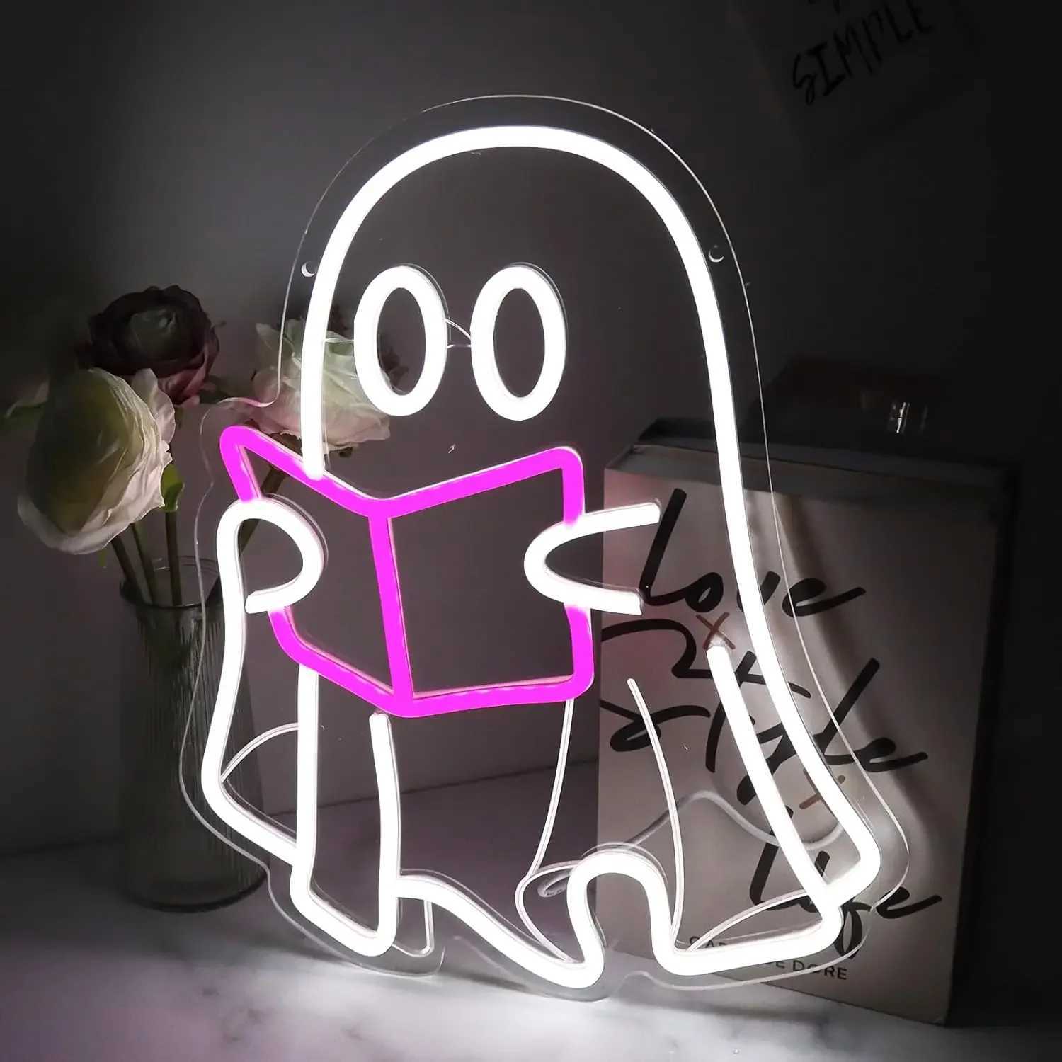 Reading Ghost Neon Sign LED Neon Light Sign Hanging Sign Halloween Party Ornaments Ghost Night Light For Bedroom Book Store XJ250626