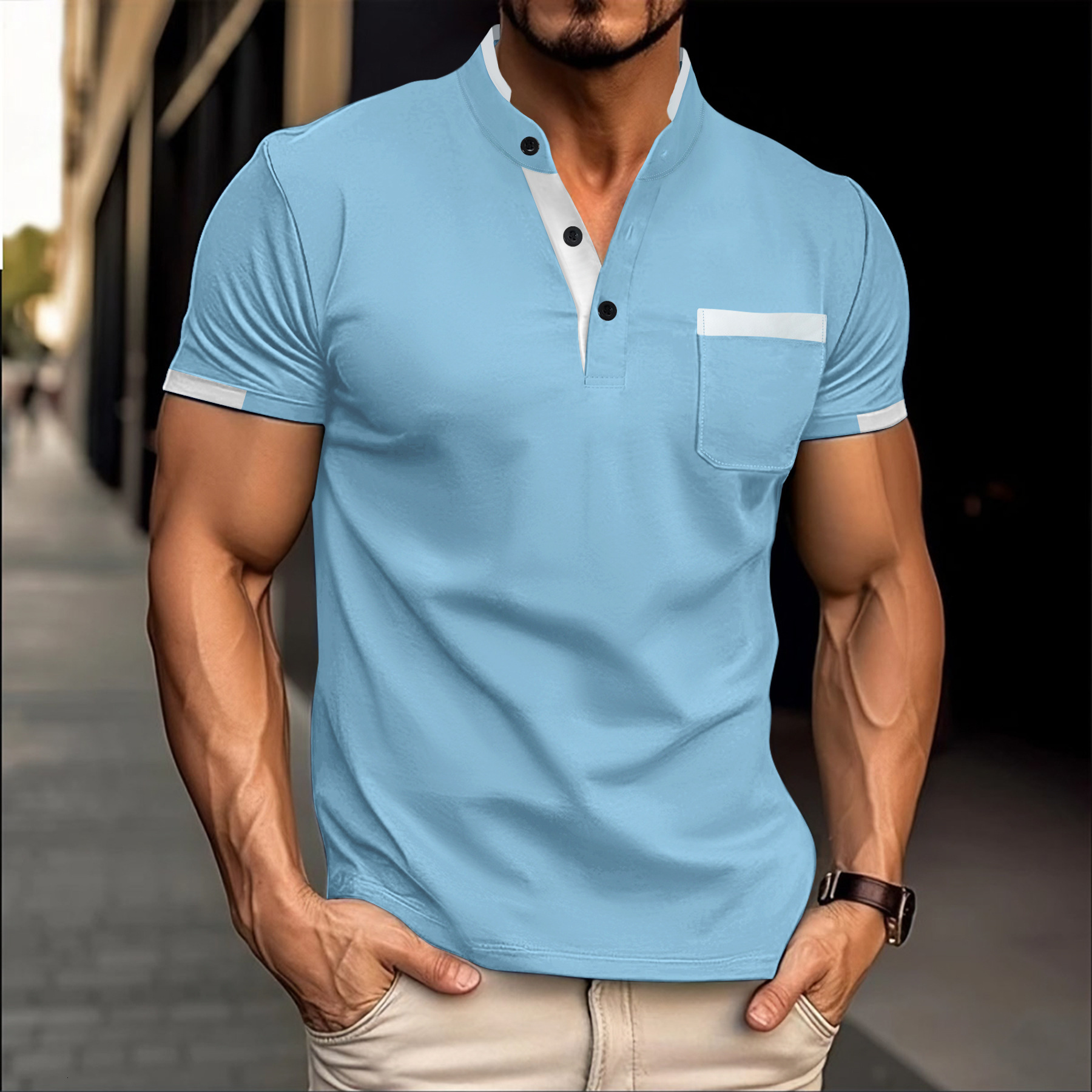 New Men's Summer Business Casual Short Sleeve Polo Breathable Color Block Henley Shirt