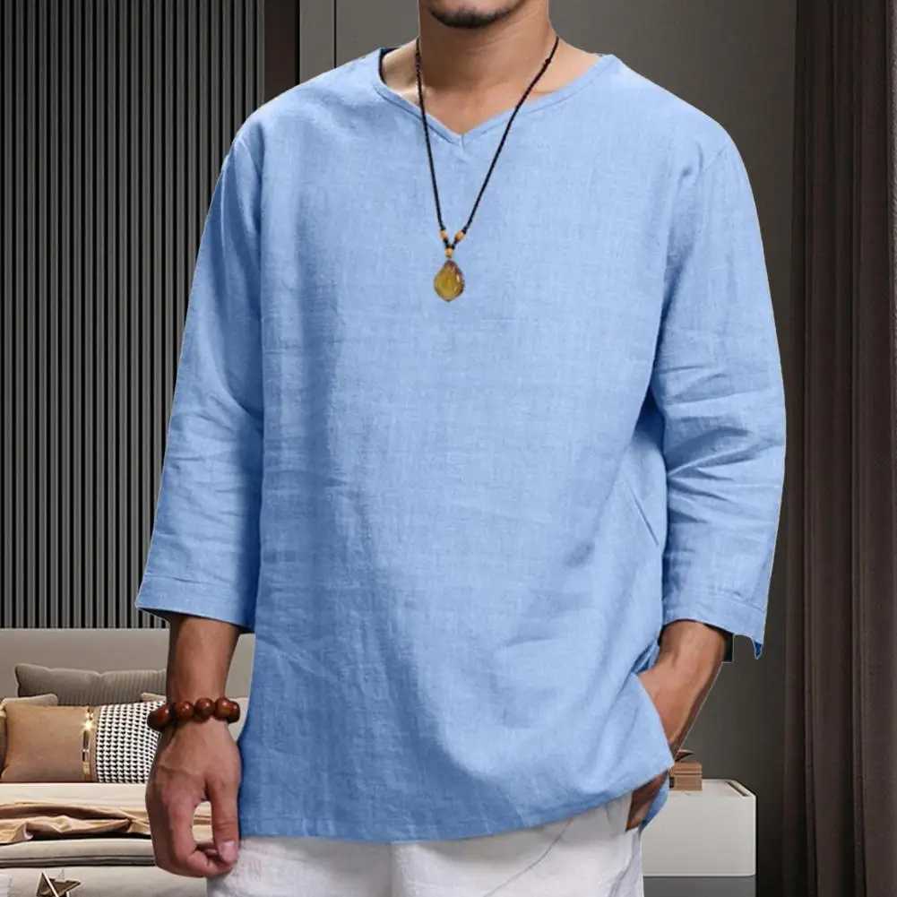 Cotton And Linen Men New 3/4 Sleeve Loose Solid Casual Large Pullover Shirt Leisure Summer Spring Long Sleeves Men Casual Shirt W250627