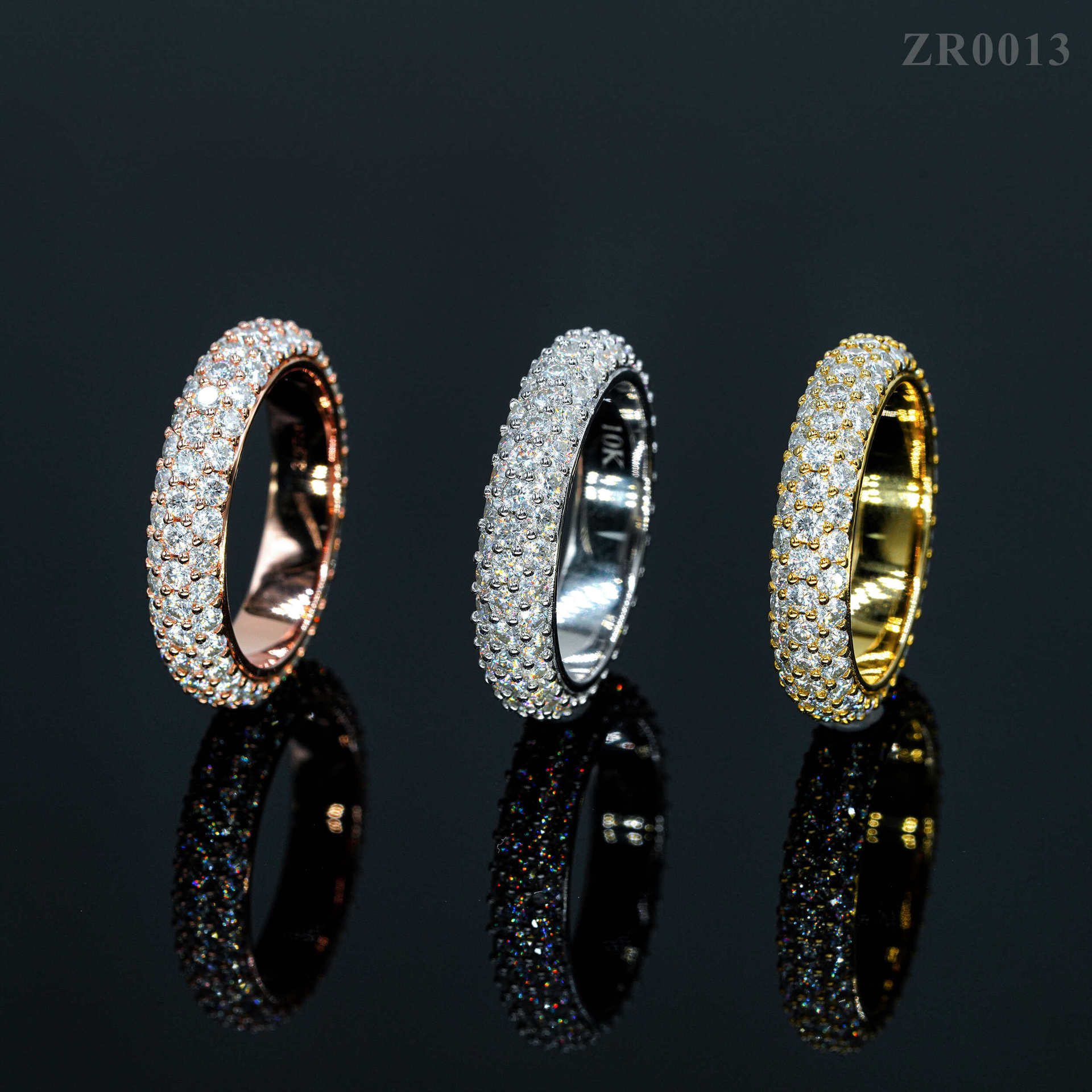 Solid 925 Sterling Silver Gold Plated Fine Jewelry Fully Iced Out 3 Rows Moissanite Band Ring