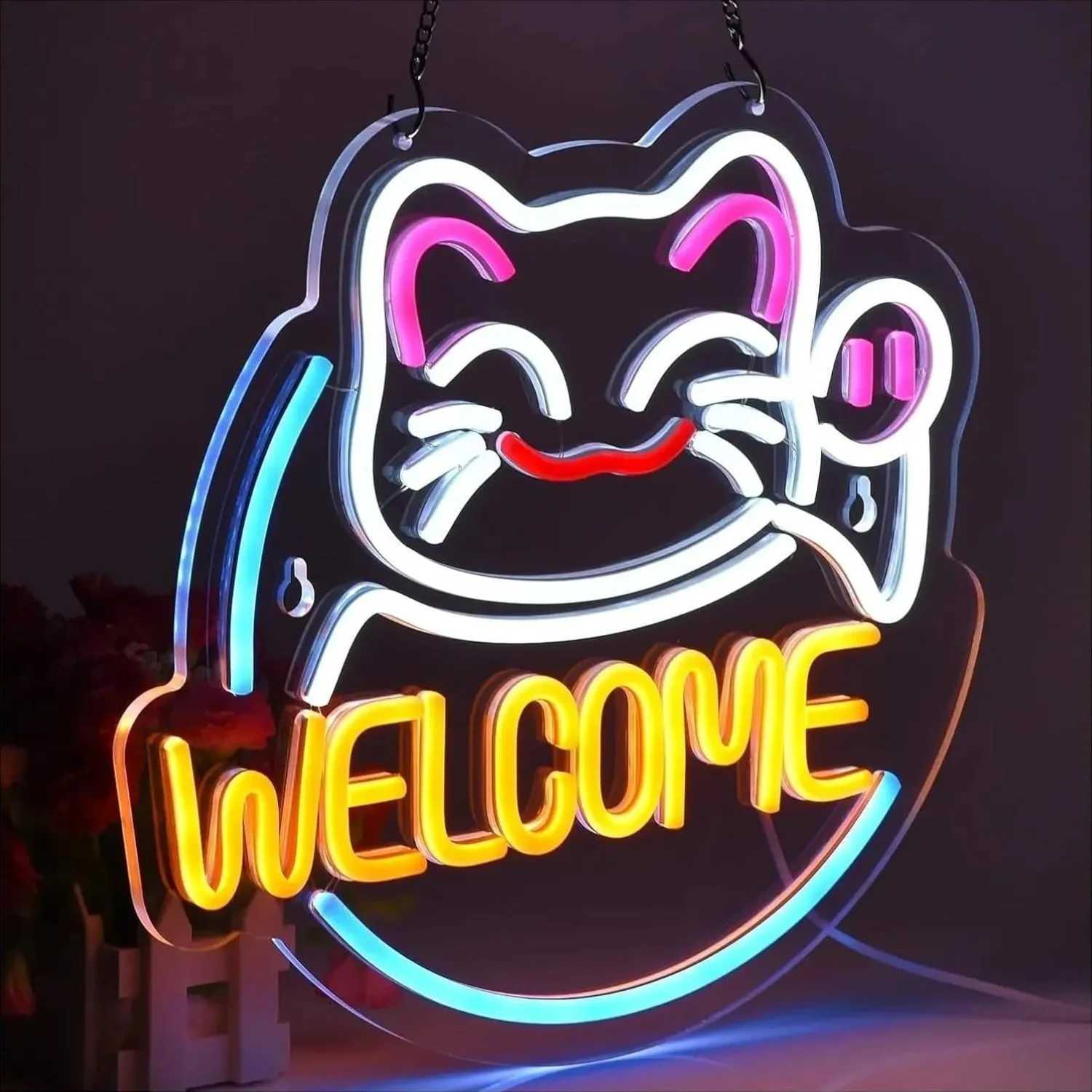 Fortune Cat Welcome Neon Hanging Artwork For Business Bars Bistros Restaurants Coffee Shop Signs Party and Event Decorations XJ250626