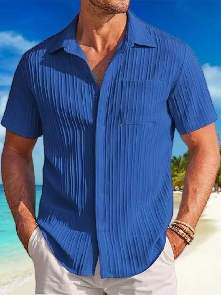 2024 Mens New Casual Fashion Striped Jacquard Pit Strip Lapel Chest Pocket Beach Outdoor Short-Sleeved Casual Shirt W250627