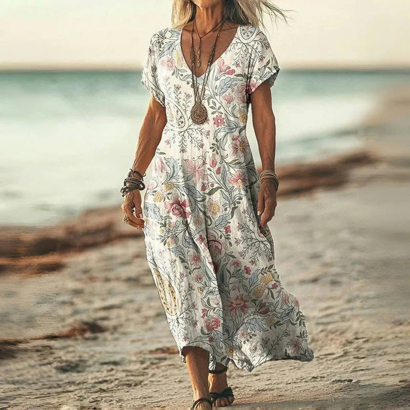D6272New style printed summer loose new style V-neck short-sleeved dress v-neck