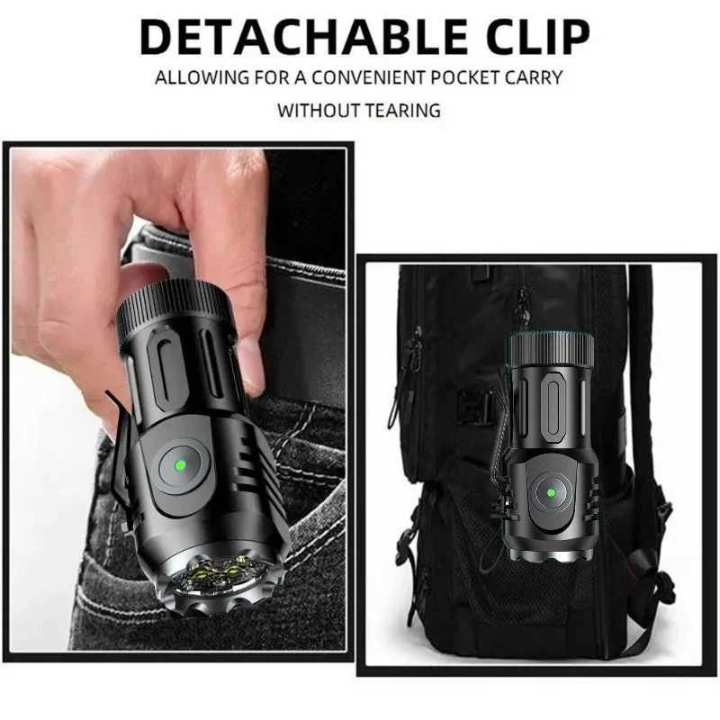 Powerful Portable Mini Flashlight USB Rechargeable 18350 Battery Strong Torch with Tail Magnet Cap Clip Lantern for Camping W250701