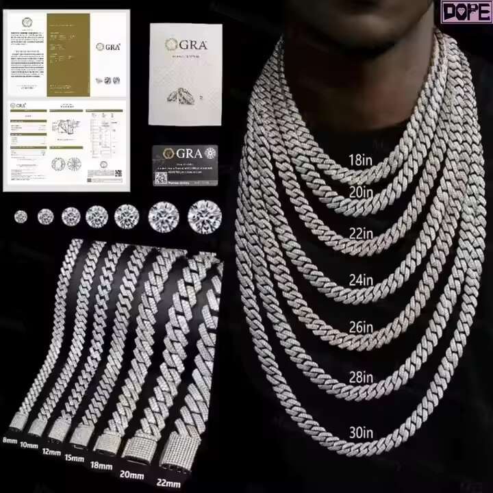 High Quality 16mm 18mm 20mm VVS Moissanite Cuban Link Chain 925 Silver D Grade VVS Moissanite Cuban Chain