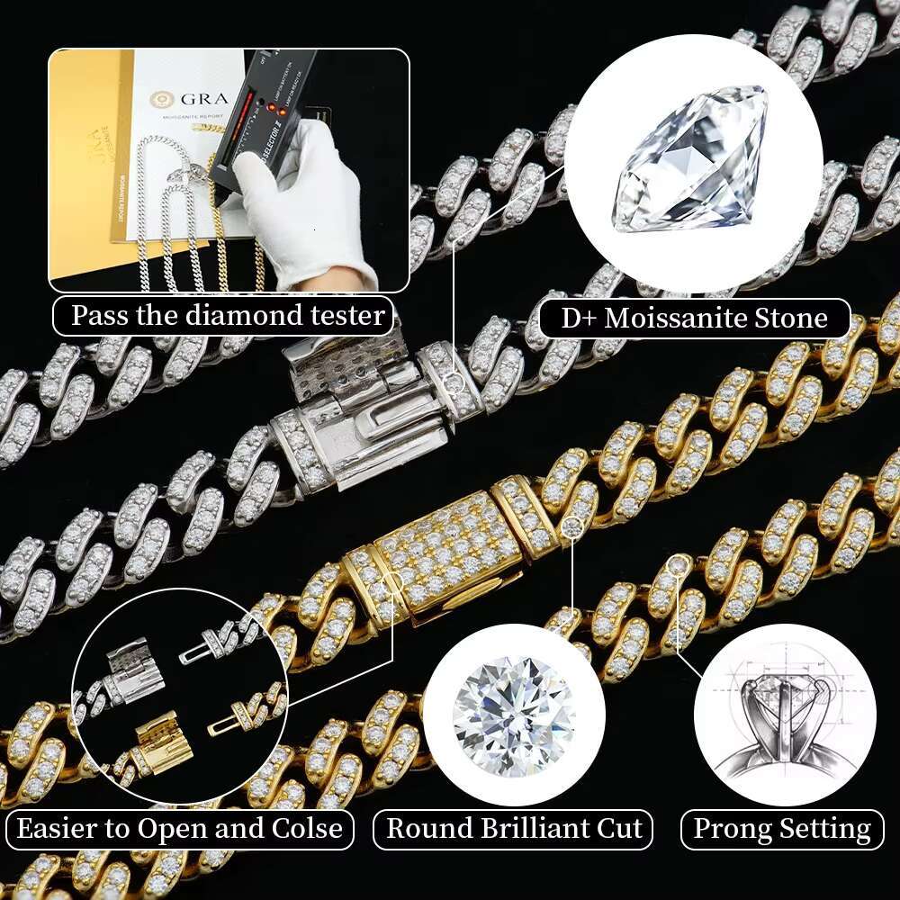 10-20mm Miami 925 Sterling Silver Gold Plated Men Necklace Iced Out Hiphop Jewelry Diamond Mossanite Moissanite Cuban Link Chain