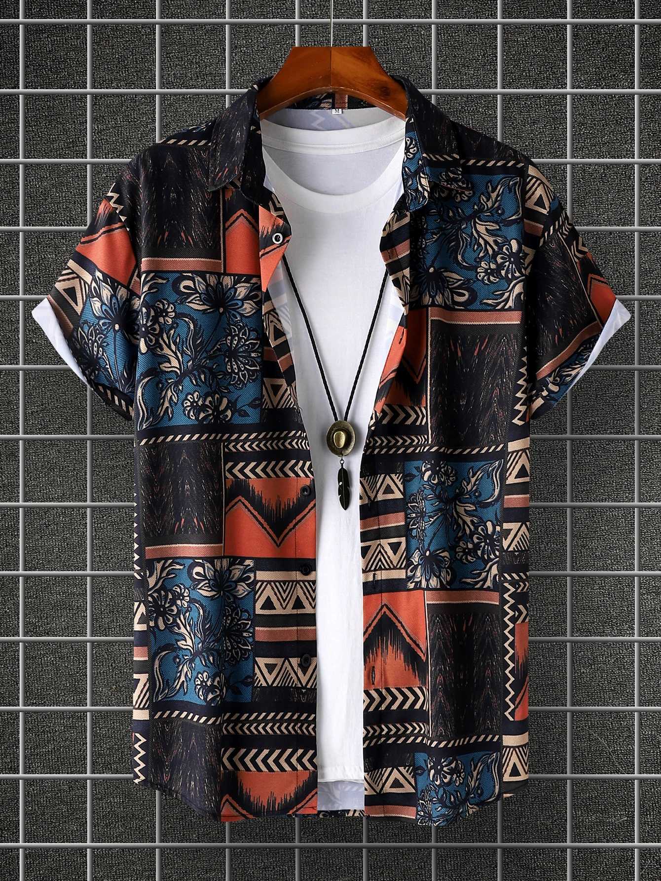 Bohemian style Mens Summer Short Sleeve Printed Shirt Thin Beach Clothing Casual W250627