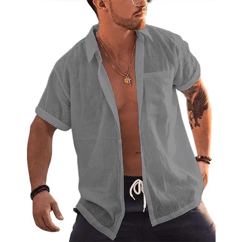 Mens Short Sleeve T-Shirts Button Up Shirts Linen Cotton Beach Tops Turn Down Collar Summer T Shirt with Pocket W250627