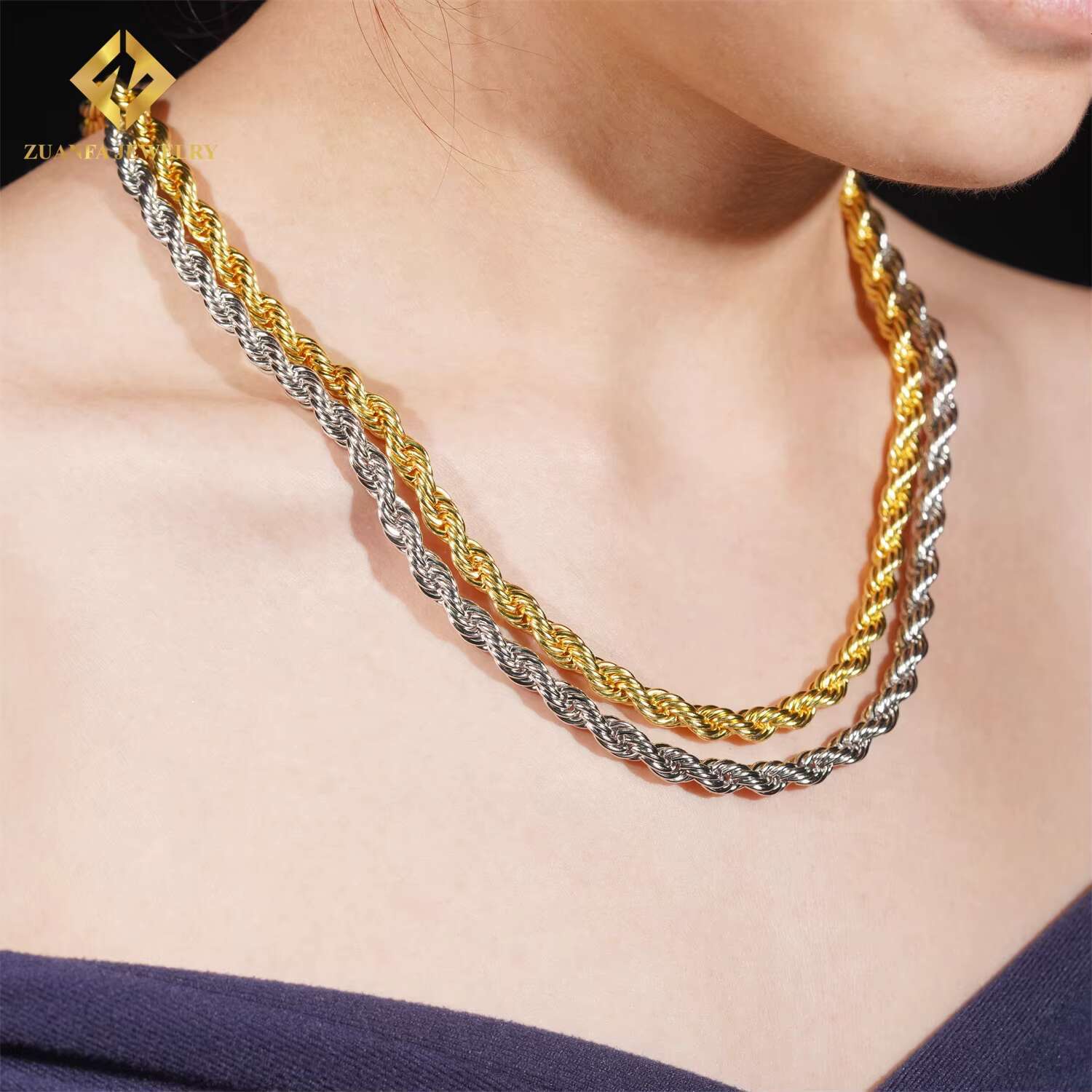 Factory Price 4mm Iced Out Hip Hop Style Jewelry VVS Moissanite Diamond Clasp Necklace Stainless Steel Rope Chain Men Women