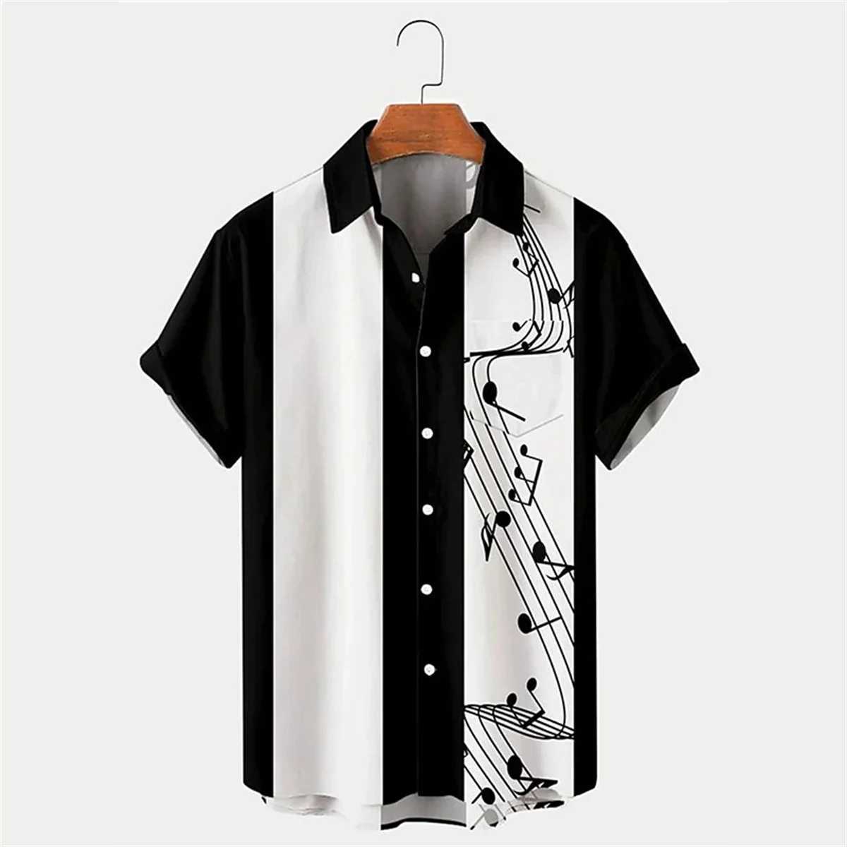 2024 New Mens Shirt Summer Bowling Shirt Note Pattern Printed Daily Short Sleeve Button Comfortable Casual Mens Clothing W250627