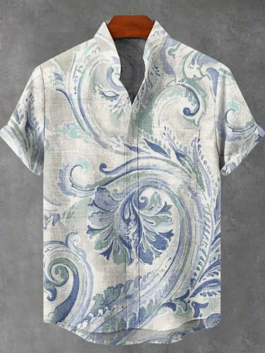 2025 Mens Summer Short-sleeved Shirt New Printed Linen Shirts European And American Popular Elements Printed Shirt W250627
