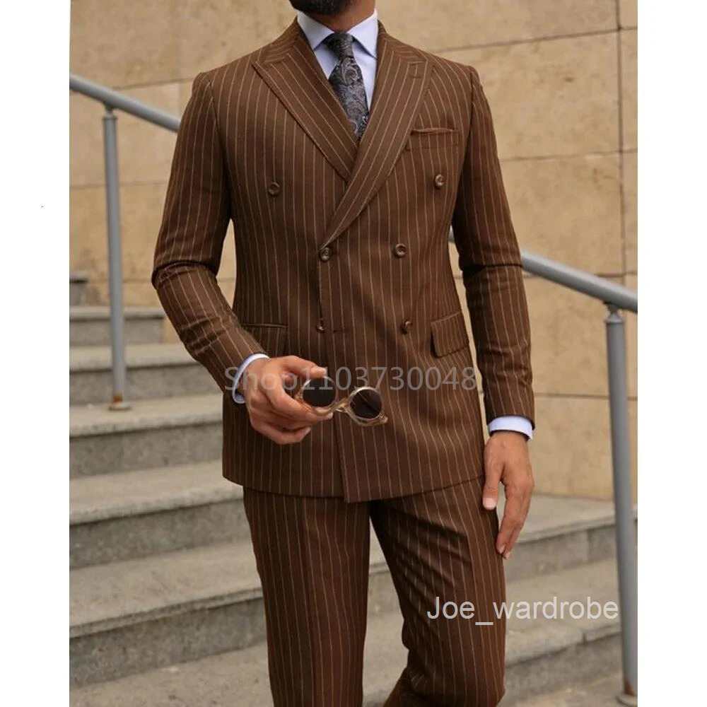 BrownNavy Blue 2piece mens suit fashionable formal businesswedding set collar double chest sports pants