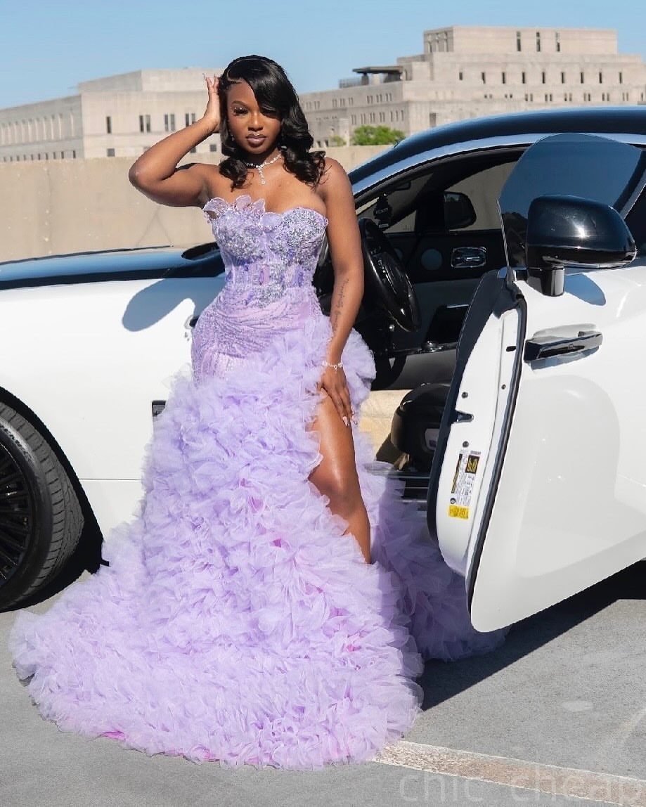 Lilac Mermaid Prom Dresses 2025 Florals Crystals Lace Tiers Tulle Evening Formal Party Second Birthday Engagement Gowns Plus Size Dress For Special Oc