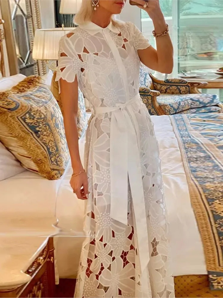 Elegant Long Dress Women White Sexy Hollow Short Sleeved Single Breasted Lace Up Dresses Summer Holiday Party Vestidos 250626