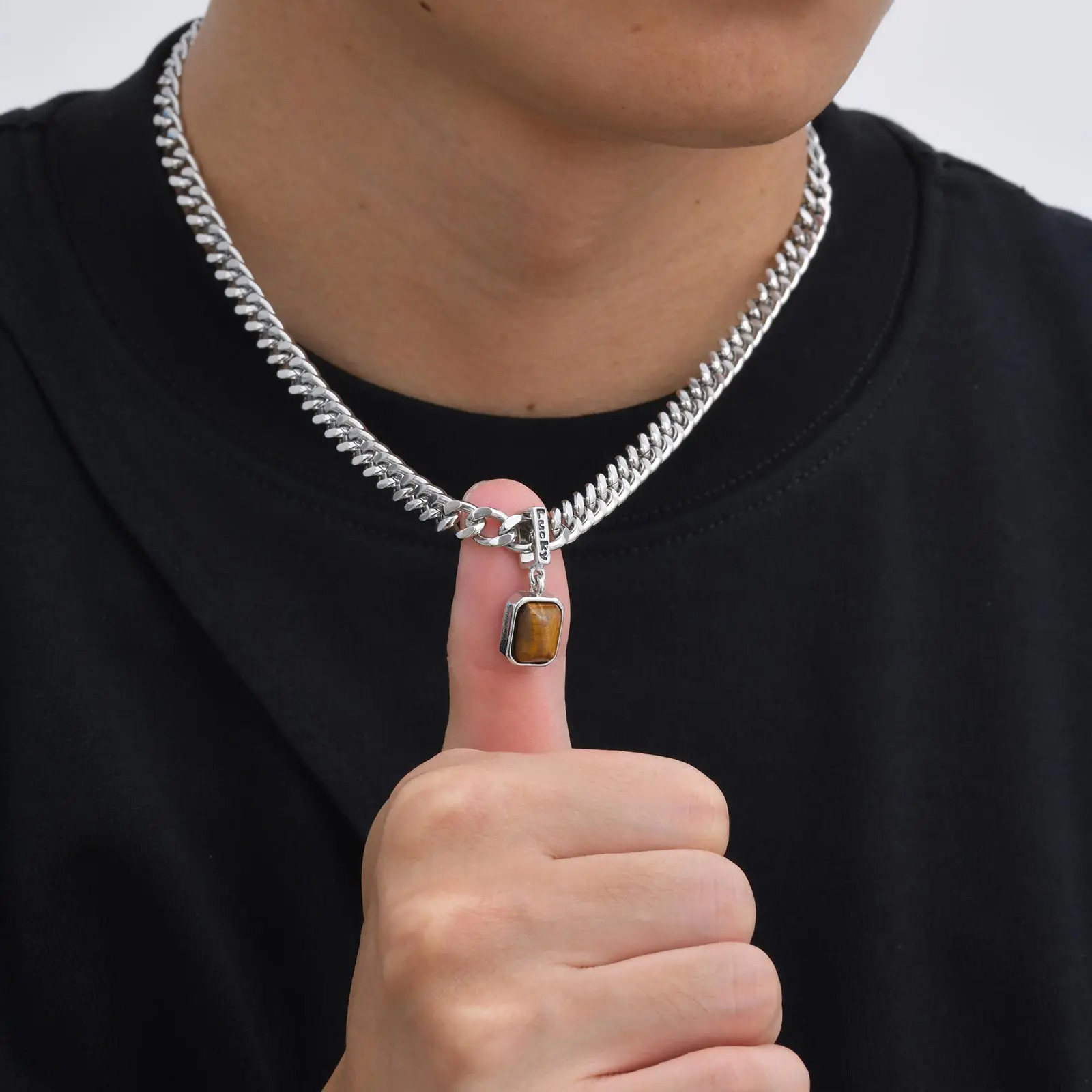 Sea Blue Zircon Pendant Necklaces for Men BoysStainless Steel Lucky Words Pendant CollarPunk Hiphop Jewelry Birthday Gift 250627