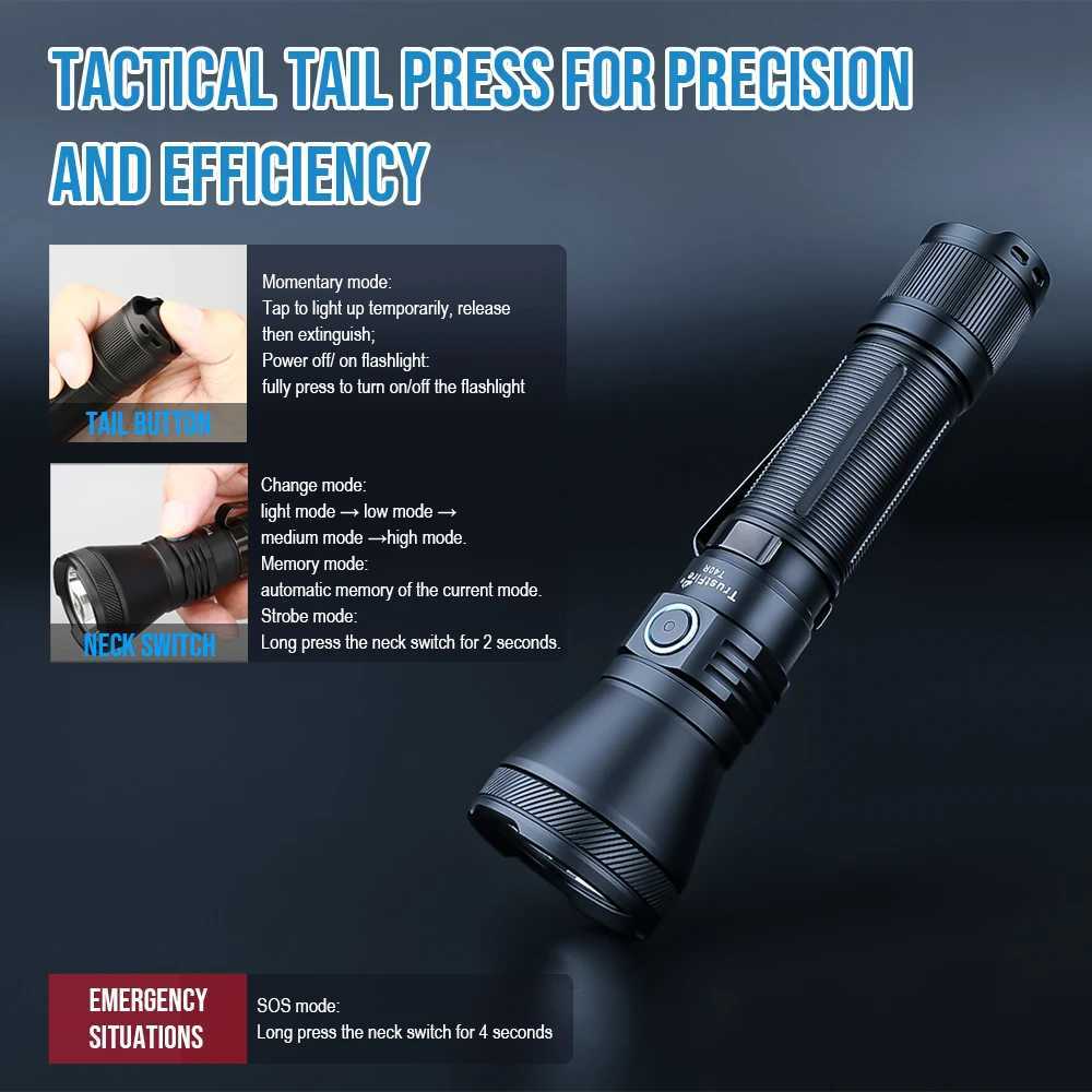 Trustfire T40R Army Tactical LED Flashlight 1800 lumens 550 meters Rechargeable 18650 Lamp With USB Charging Self-Defense IP68 Torch W250701