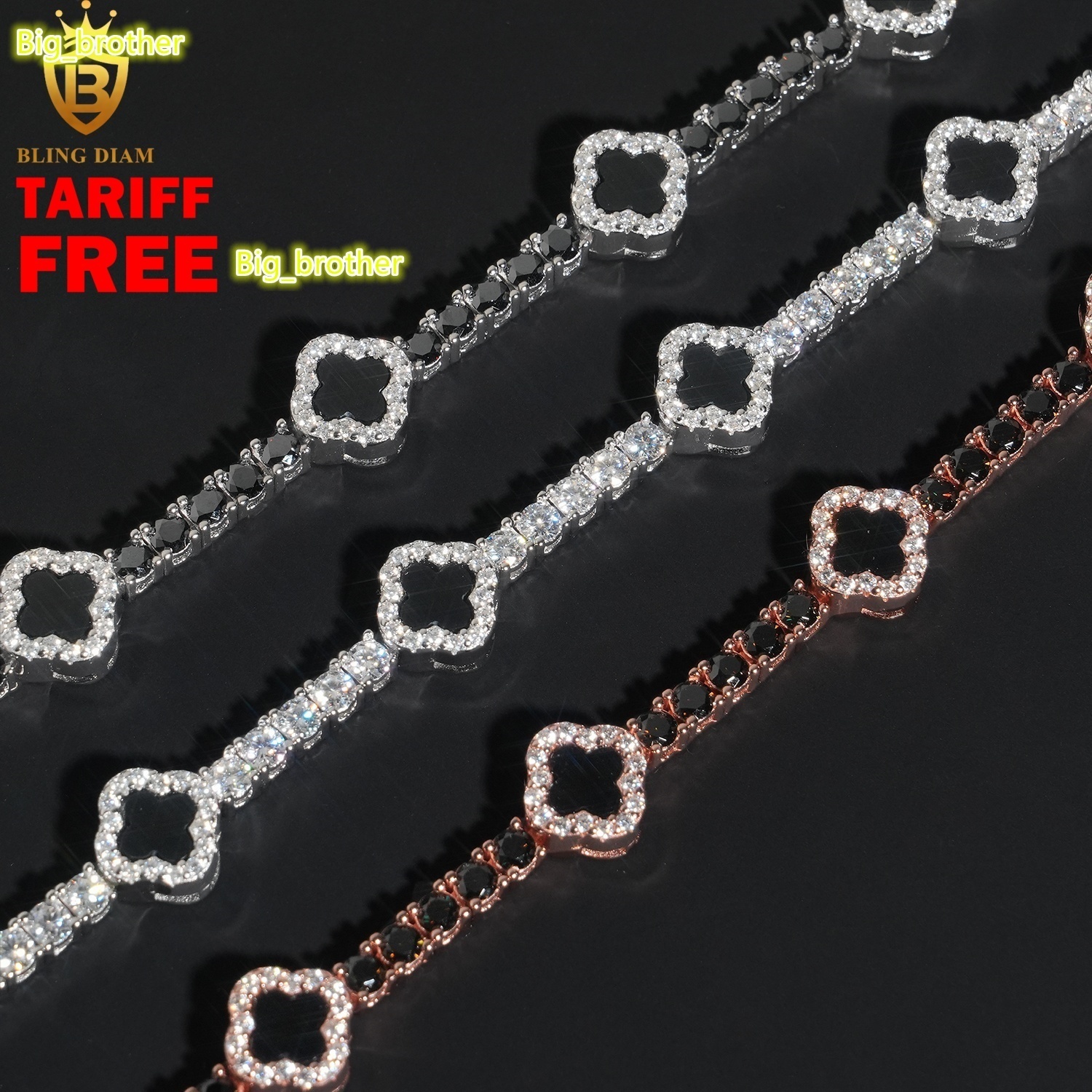 3mm New Design 925 Sterling Silver Vvs Black Moissanite Four Leaf Clover Tennis Chain Bracelets Gra Certificate