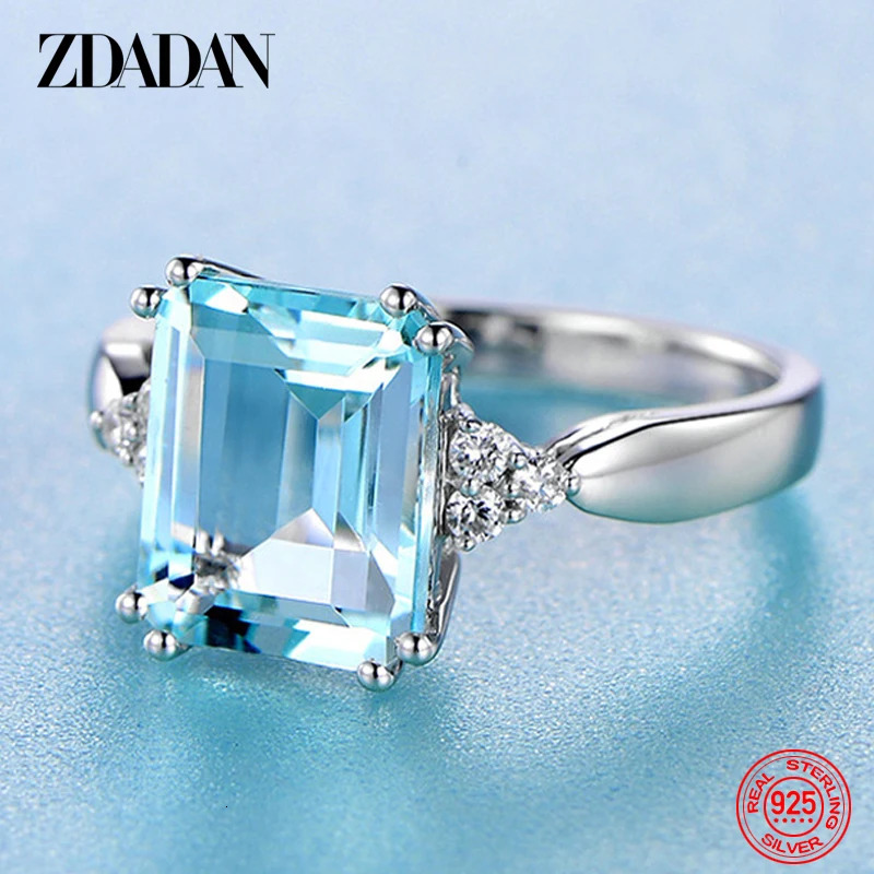 ZDADAN 925 Sterling Silver Fashion Aquamarine Gemstone Ring For Women Wedding Party Jewelry Gifts Wholesale 250626