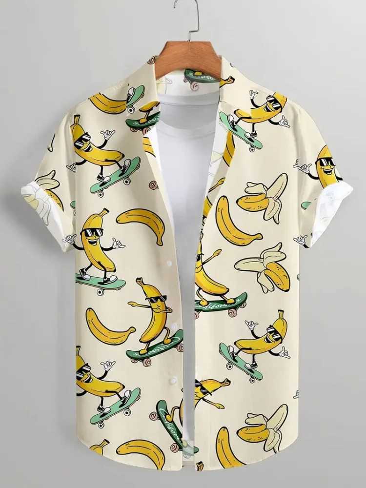 The 2025 Summer Mens Short-sleeved Lemon Print Single-breasted Shirt Is Perfect For Beach Vacation And Casual Wear W250627