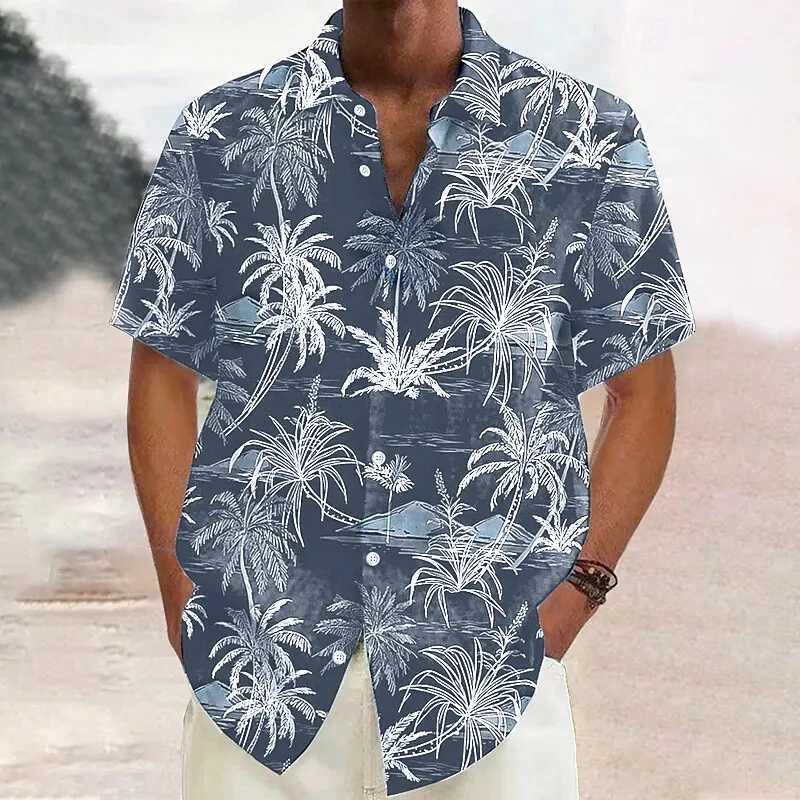 Hawaiian Shirt For Men Palm Tree Print Summer Casual Lapel Short Sleeve Shirts Male Outdoor Travel Oversized Clothing W250627