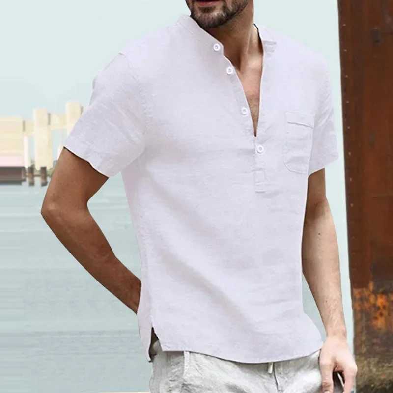 High Quality 2025 New Mens Cotton Linen V Neck Bandage T Shirts Male Solid Color Casual T-shirt Tops S-3XL W250627